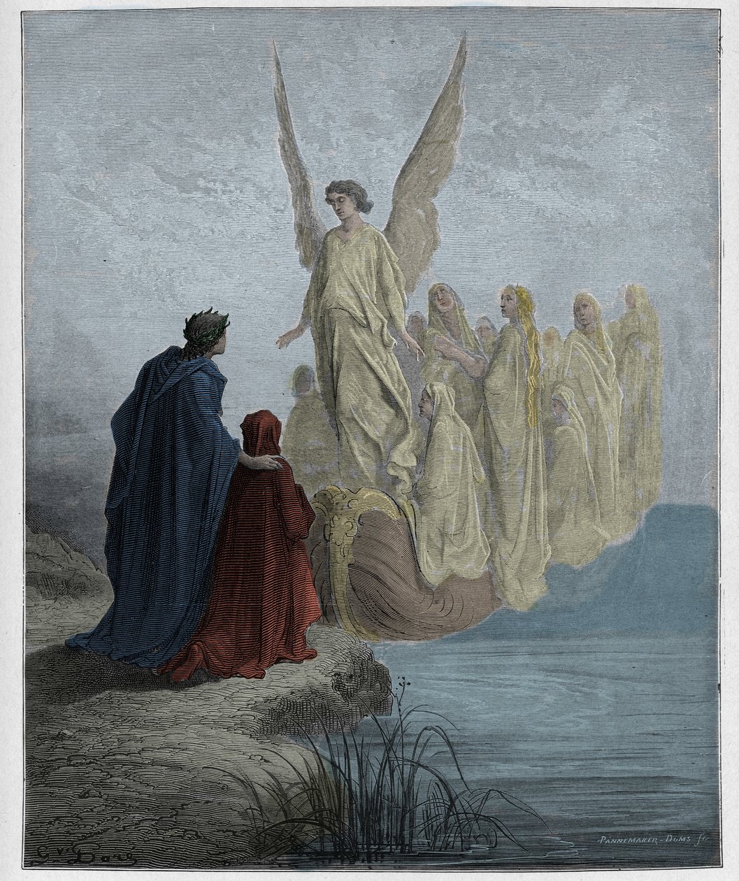 Purgatoire, Chant 2 : Le pilote céleste accoste le bateau, illustration de La Divine Comédie de Dante Alighieri, 1885 (gravure colorée numériquement) - Gustave after Dore