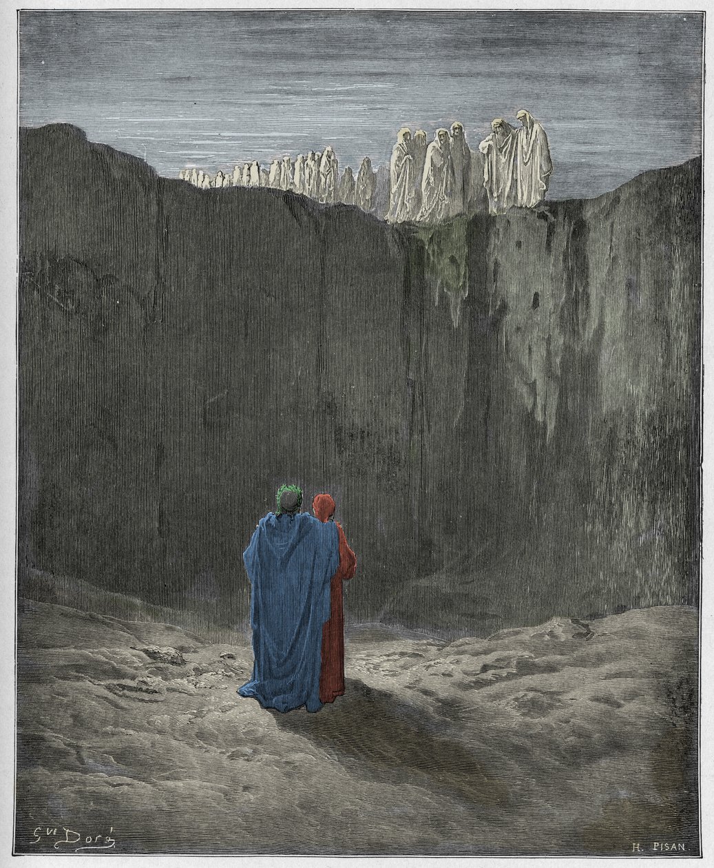 Purgatoire, Chant 3 : La compagnie des âmes sur la falaise, illustration de La Divine Comédie de Dante Alighieri, 1885 (gravure colorée numériquement) - Gustave after Dore