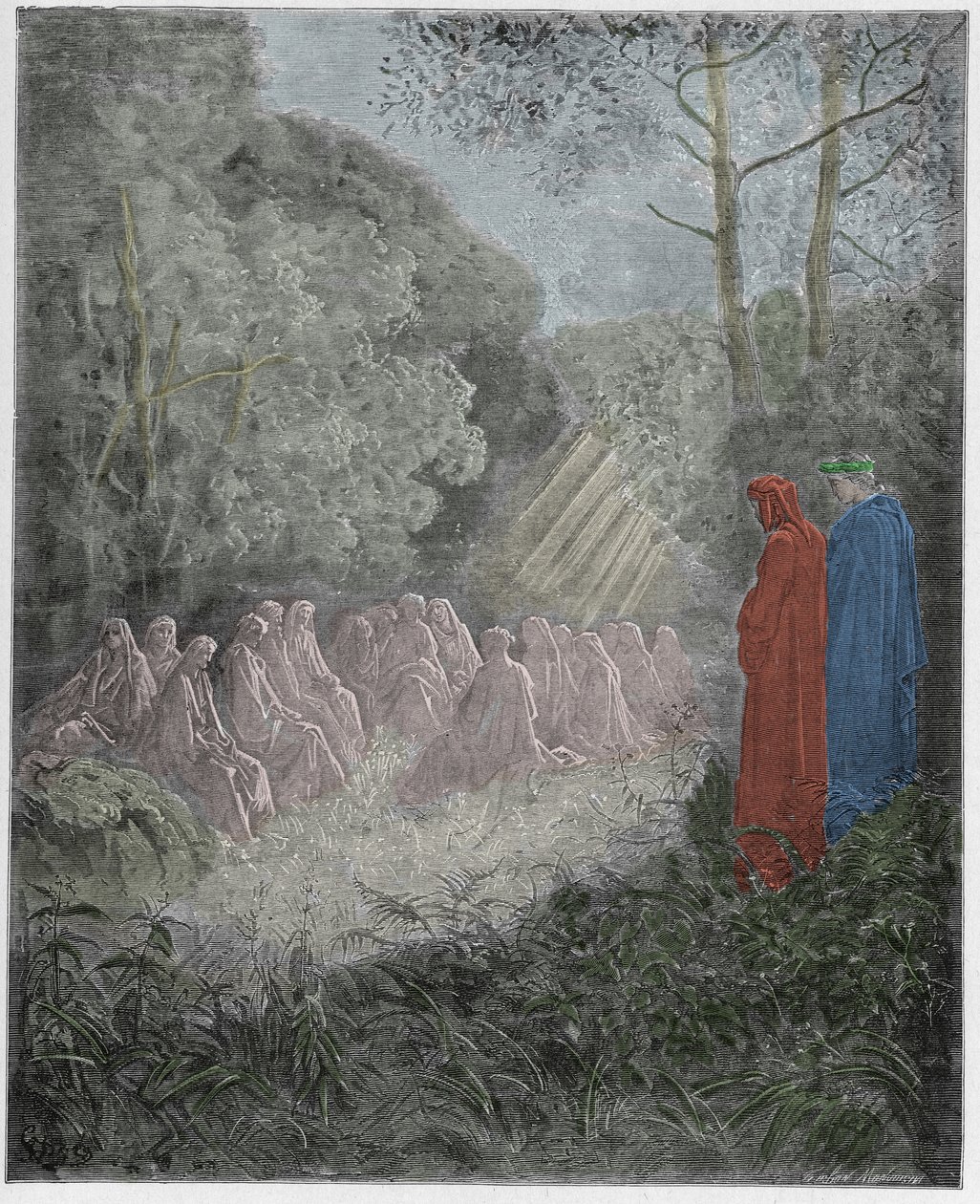 Purgatoire, Chant 7 : Les esprits chantant Salve Regina dans le vallon, illustration de La Divine Comédie de Dante Alighieri, 1885 (gravure colorée numériquement) - Gustave after Dore