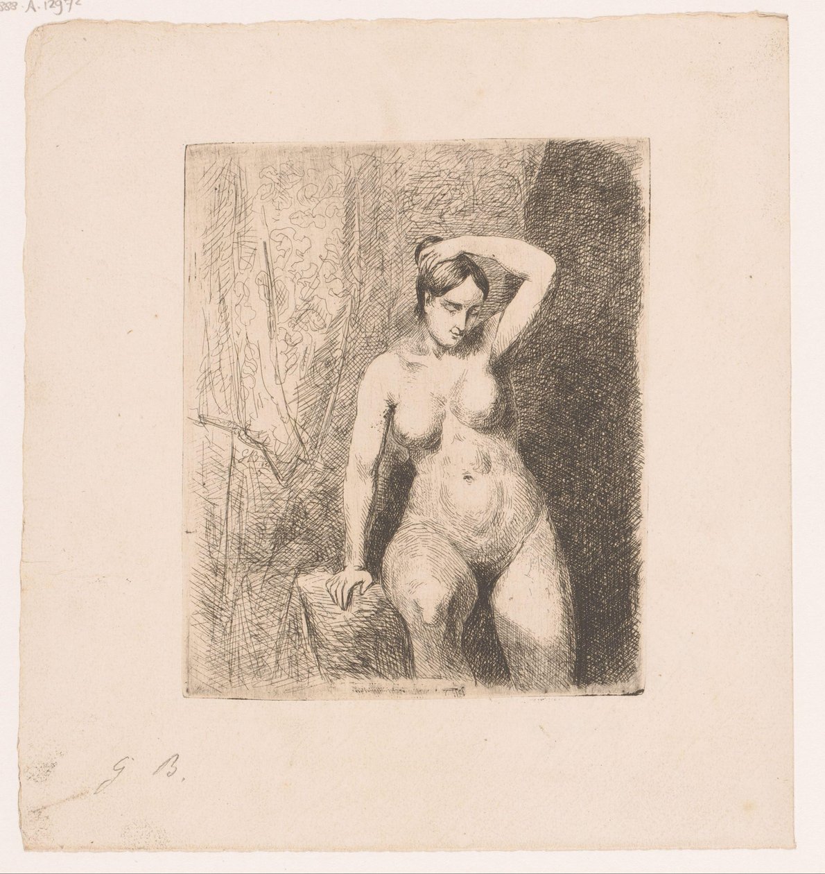 Femme nue assise tenant son chignon - Gustave Buschmann