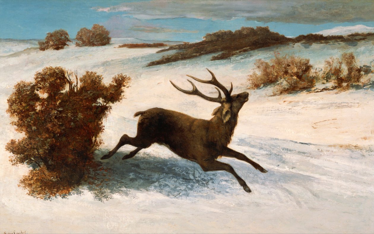 Cerf courant dans la neige. - Gustave Courbet