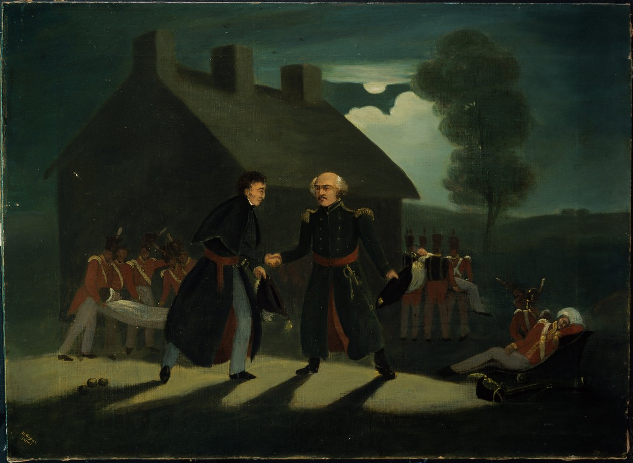 La rencontre de Wellington (1769-1852) et Blücher (1742-1819) à La Belle Alliance après la bataille de Waterloo, vers 1820 - H. Baynes