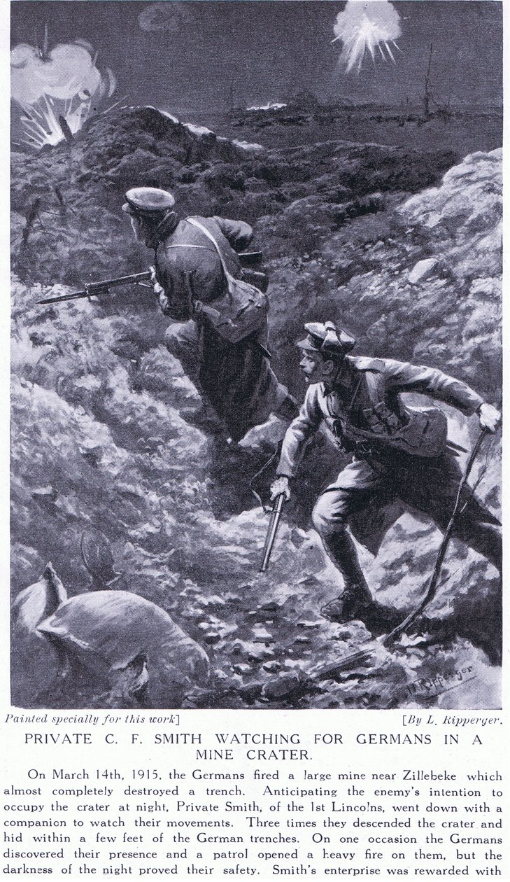 Le soldat C F Smith surveillant les Allemands dans un cratère de mine à Zillebeke en mars 1915 - H. Ripperger
