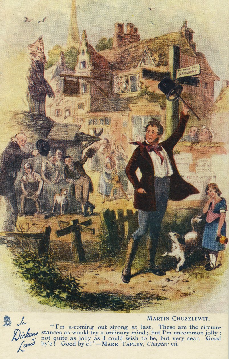 Dans le pays de Dickens - Carte postale de Martin Chuzzlewit, vers 1907 - Hablot Knight Browne