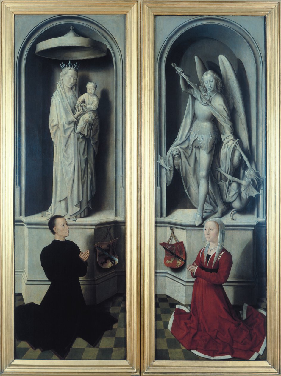 Vue du Jugement Dernier avec ses panneaux fermés, représentant les donateurs, Angelo di Jacopo Tani et sa femme, Caterina de Tanagli, sous la Vierge à l