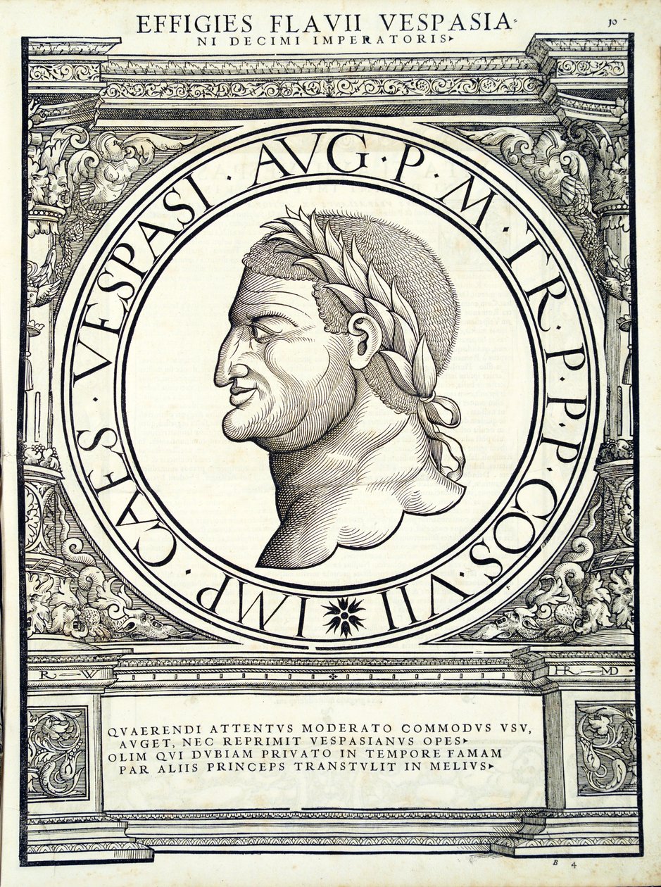 Flavius Vespasianus, illustration de Imperatorum romanorum omnium orientalium et occidentalium verissimae imagines ex antiquis numismatis - Hans Rudolf Manuel Deutsch