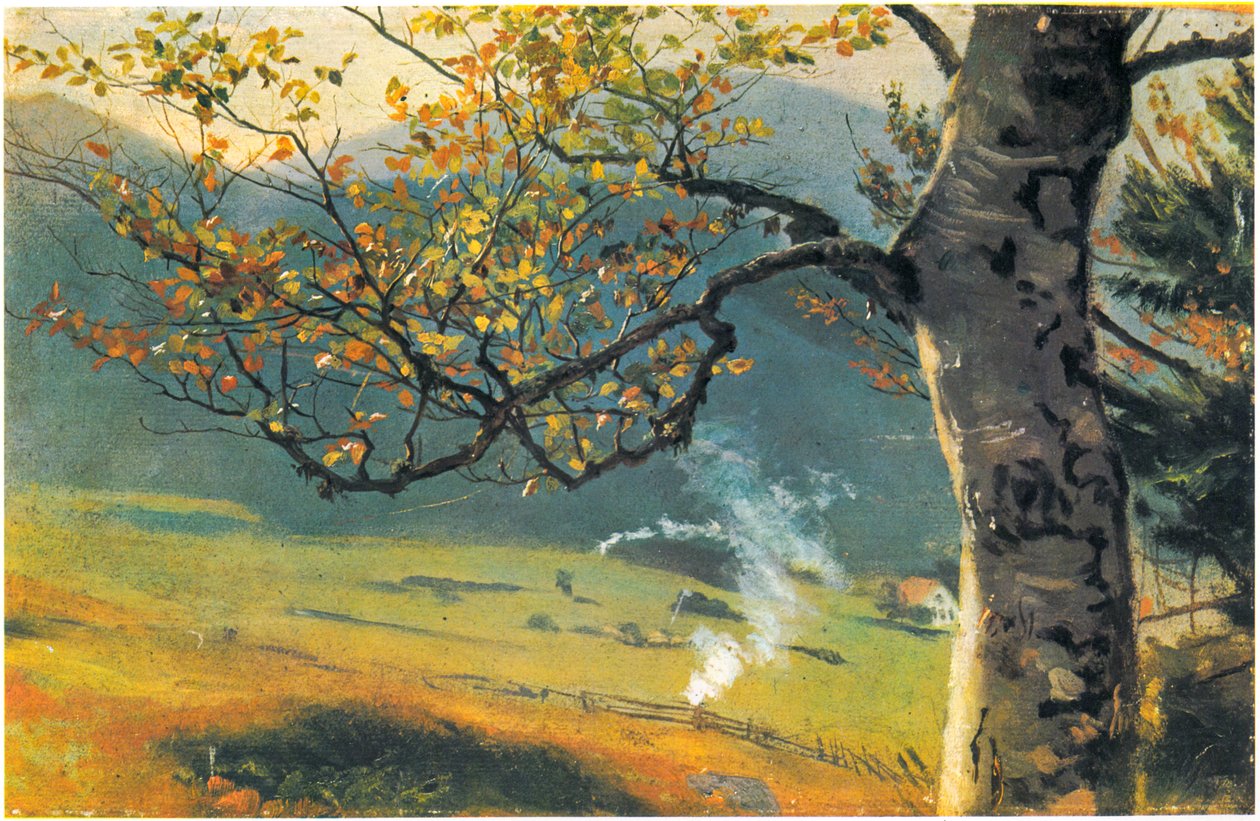 Arbre en automne devant une vallée - Hans Thoma