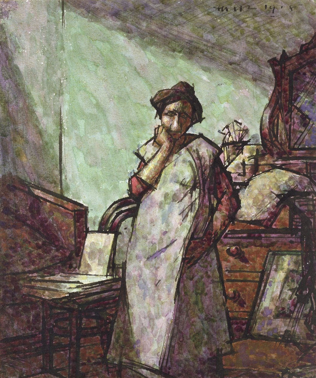 Intérieur avec Mme Mounter en tablier, 1er décembre 1918 - Harold Gilman