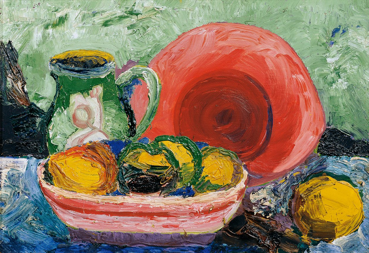 Nature morte avec assiette rouge, cruche et citron - Hedwig Wagner