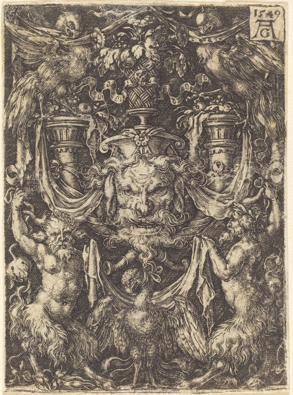 Ornement avec masque, aigle entre satyres en dessous - Heinrich Aldegrever