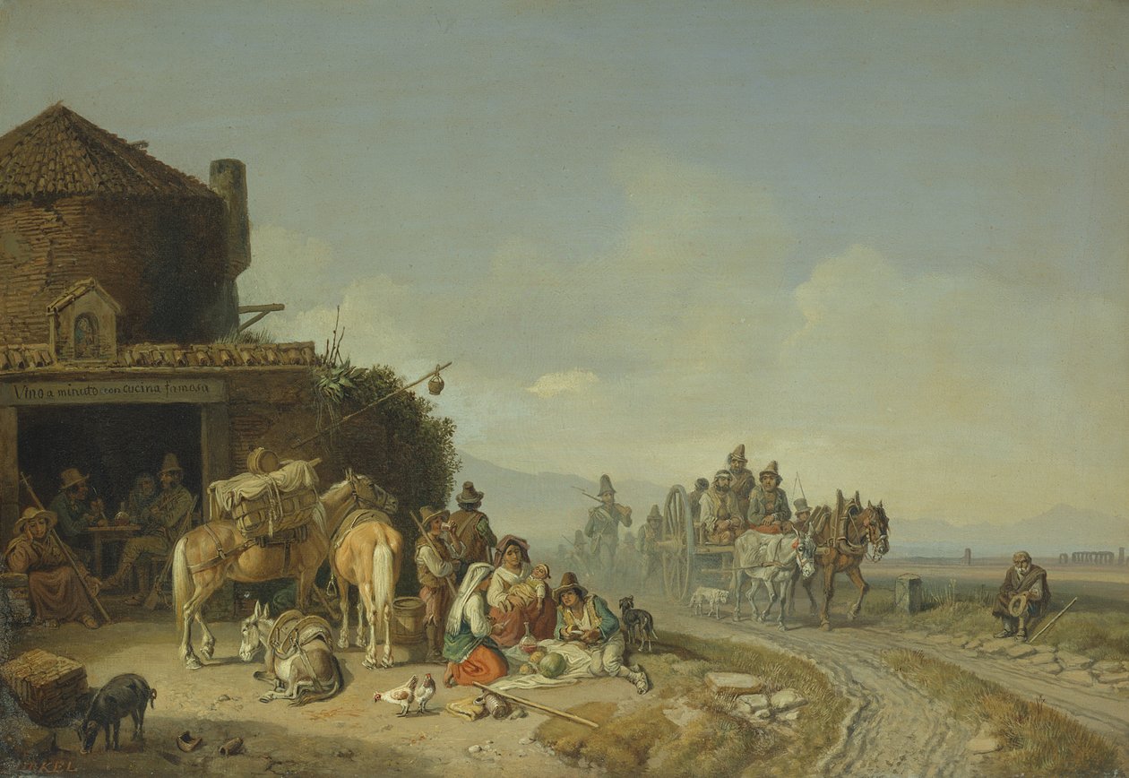 Voyageurs devant une auberge - Heinrich Burkel