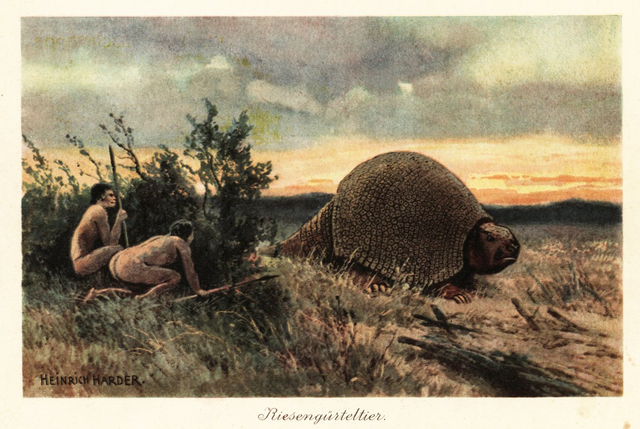 Hommes primitifs avec des lances chassant un glyptodon - Heinrich Harder