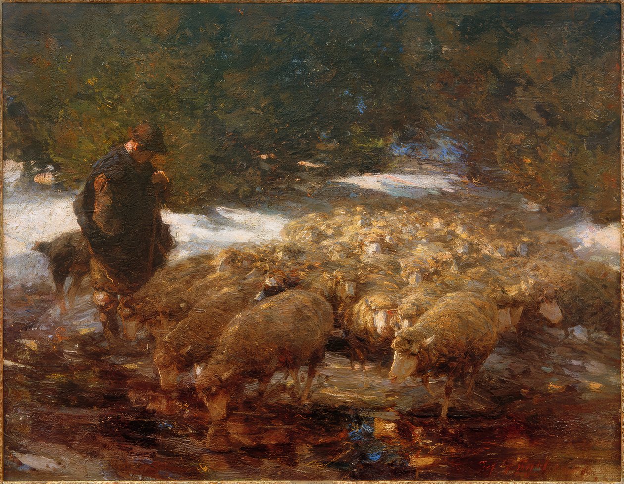 Berger avec moutons dans le paysage - Heinrich von Zügel