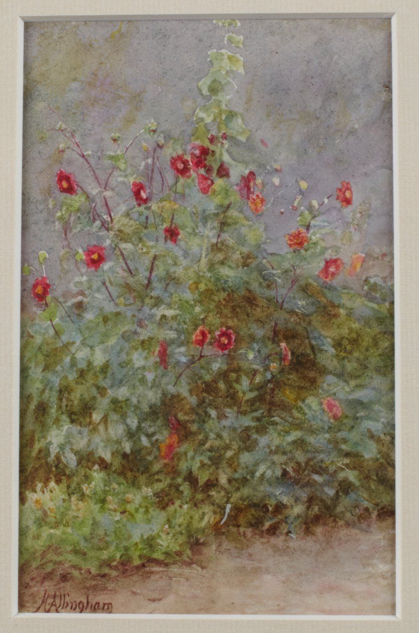 Bordure de fleurs, roses trémières et dahlias - Helen Allingham