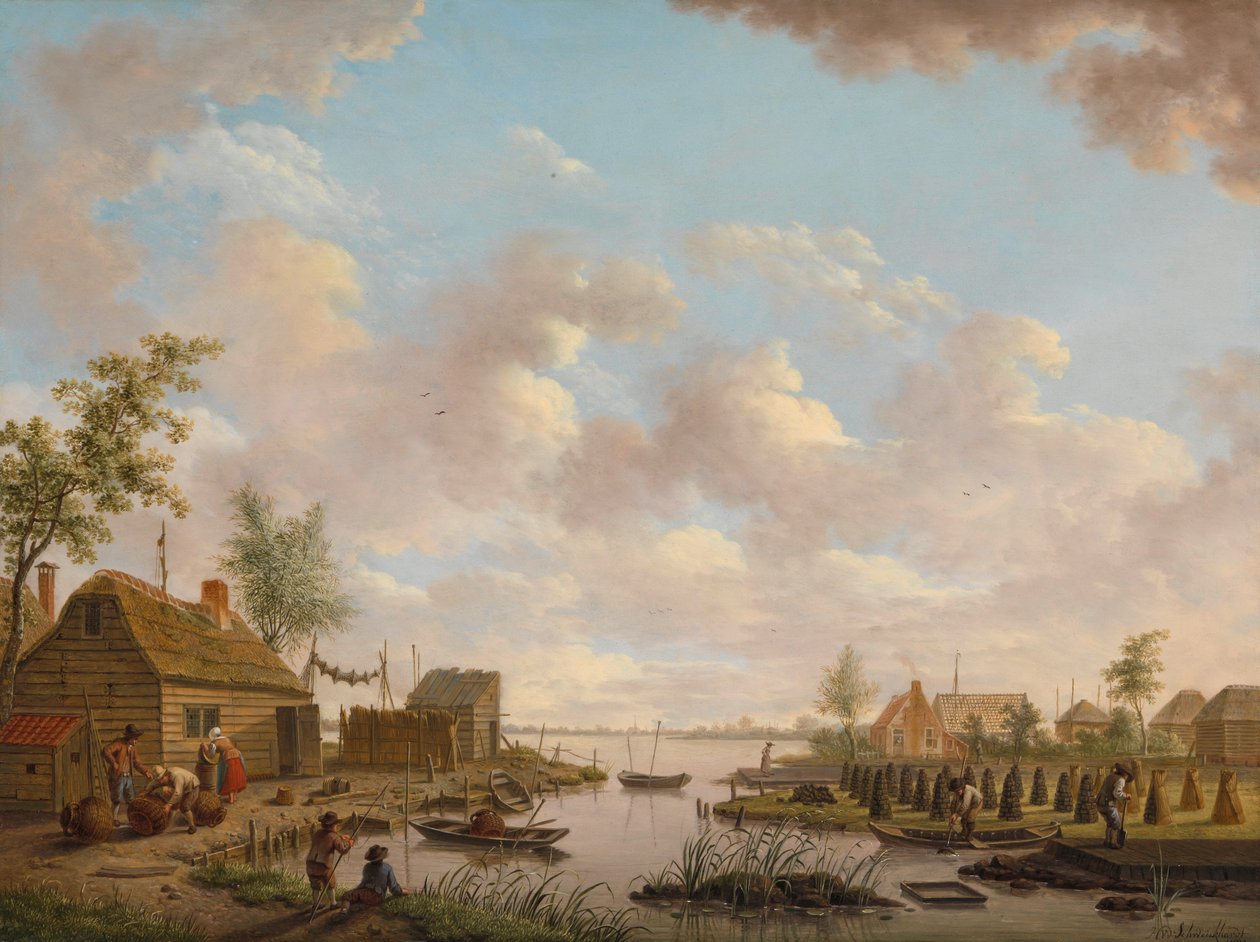 Paysage avec pêcheurs et paysans coupant de la tourbe dans les bas-fonds - Hendrik Willem Schweickhardt