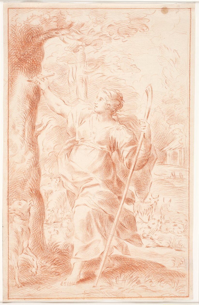 Bergère gravant dans un tronc d