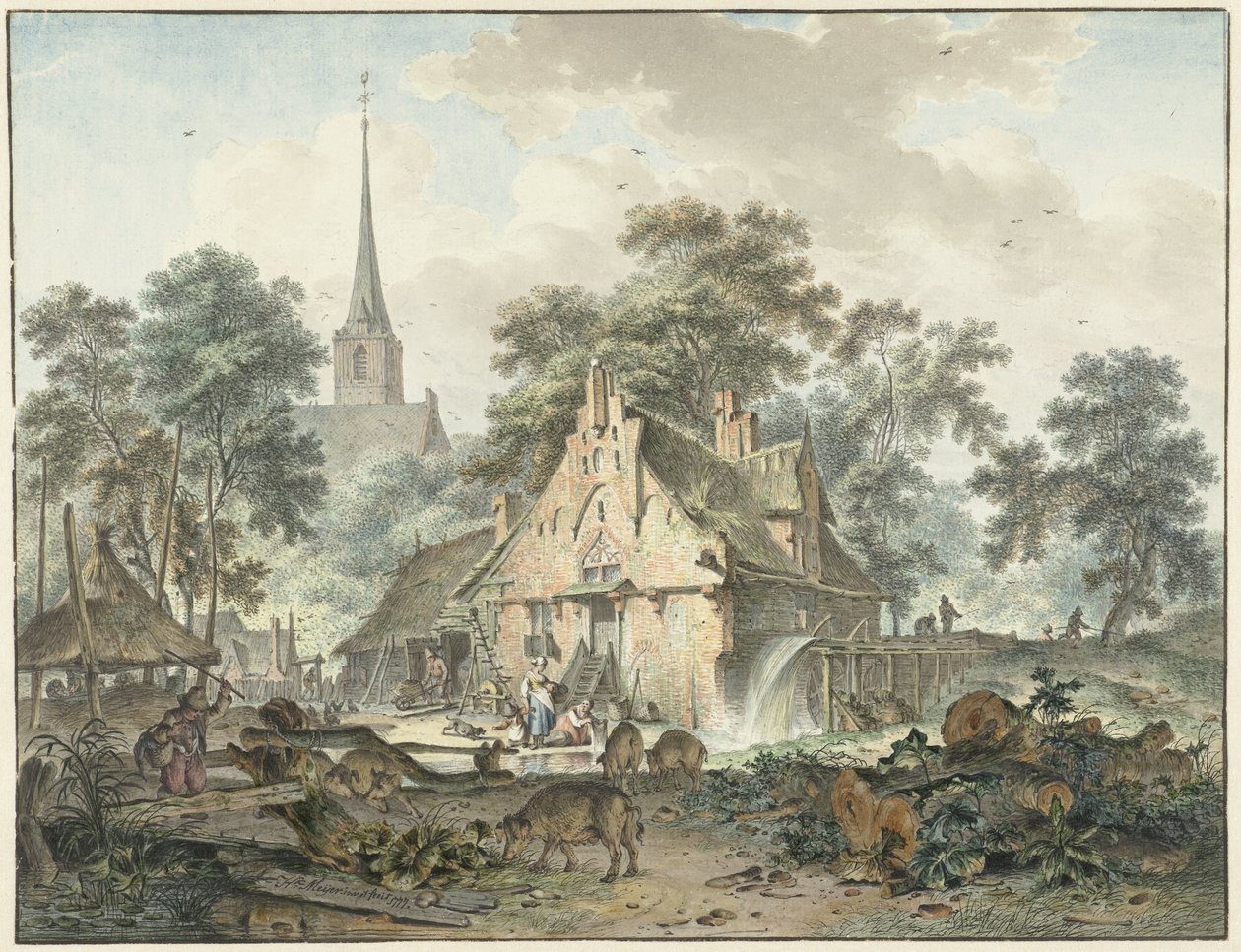 Moulin à eau et église de village - Hendrik Meijer