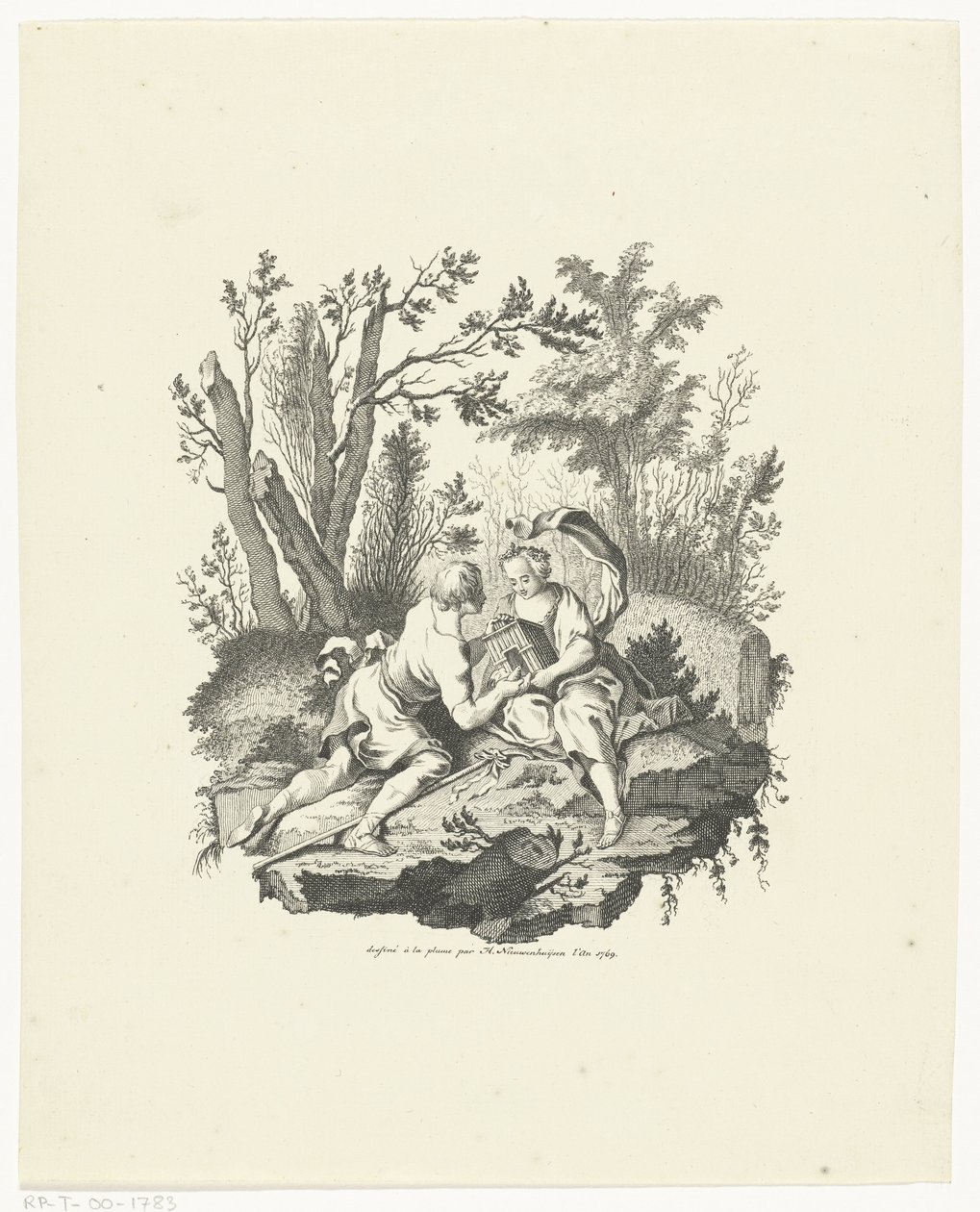 Berger et bergère avec un oiseau et une maison d