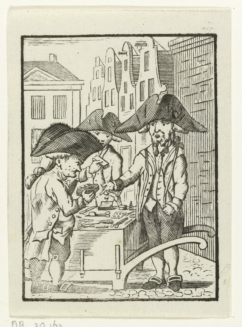 Vendeur de rue derrière une charrette avec deux clients - Hendrik Numan