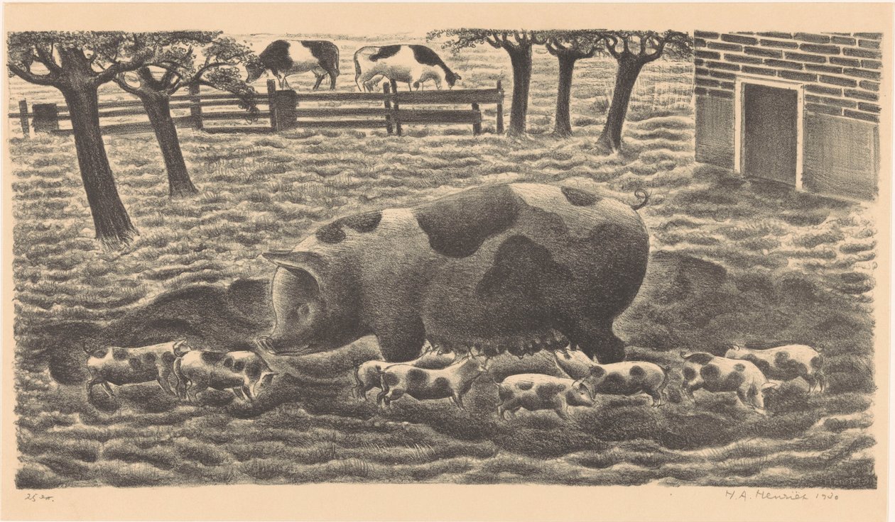 Truie avec huit porcelets - Henk Henriët (signed by artist)