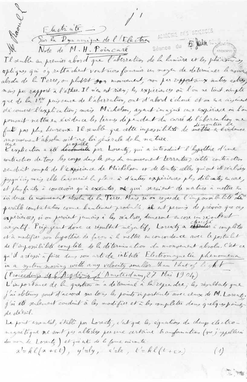 Manuscrit sur la dynamique des électrons, 5 juin 1905 - Henri Poincare