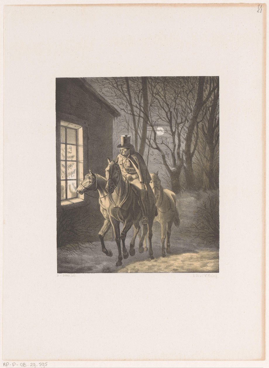 Homme à cheval passant devant une maison - Henri van Seben