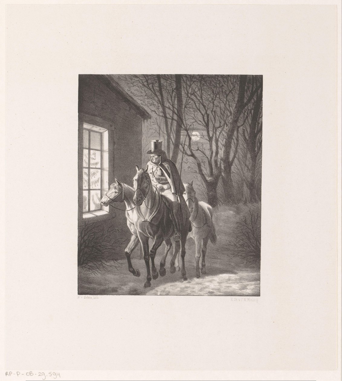Homme à cheval passant devant une maison - Henri van Seben