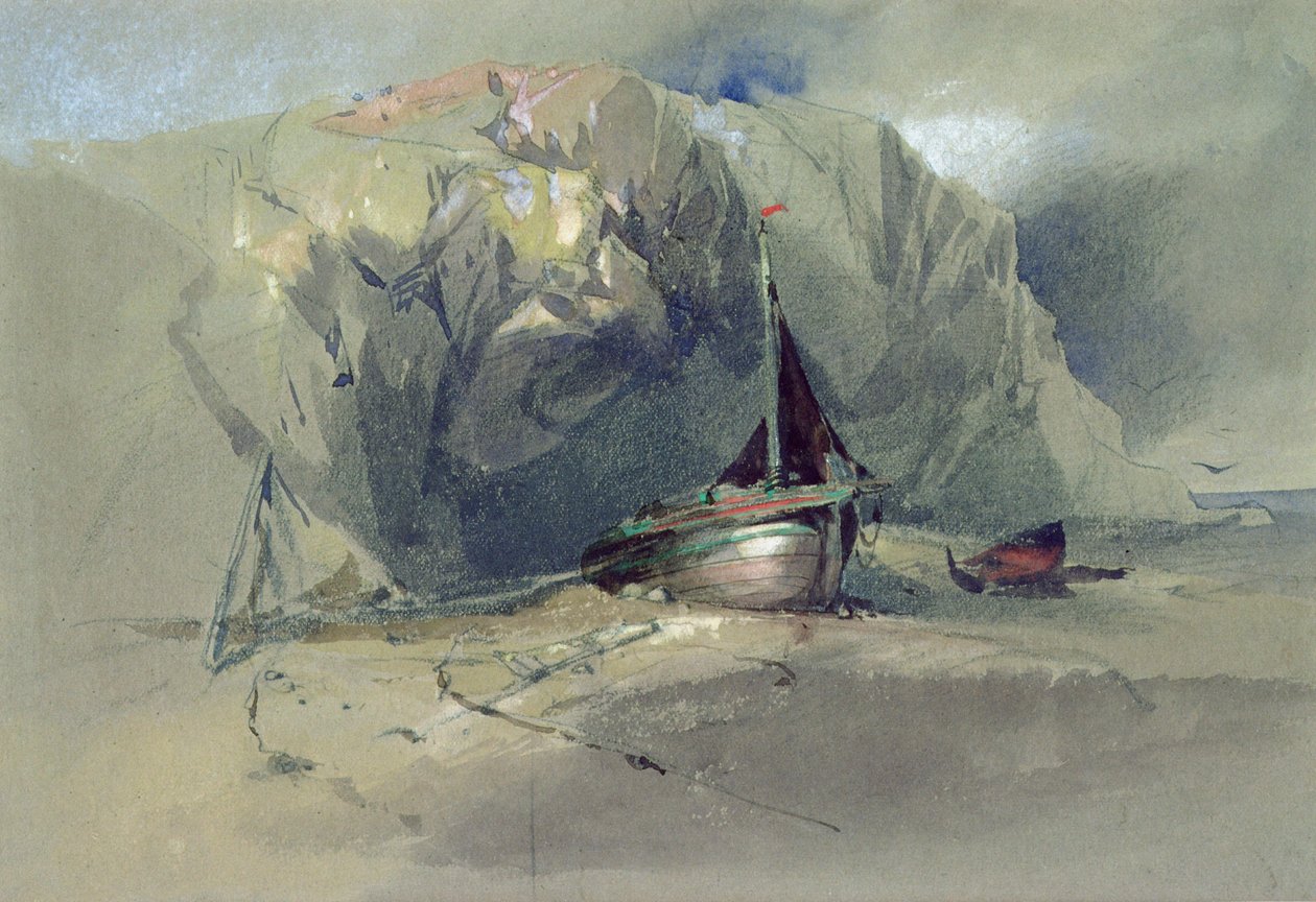 Un bateau de pêche et une petite barque tirés sur le rivage sous une falaise rocheuse, 19ème siècle - Henry Bright