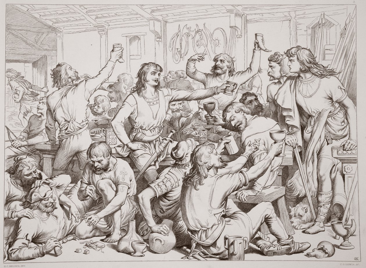 Hereward voit Martin Lightfoot partir avec la lettre, illustration de Hereward the Great par Charles Kingsley, pub. 1870, gravé par C.G. Lewis - Henry Courtney Selous