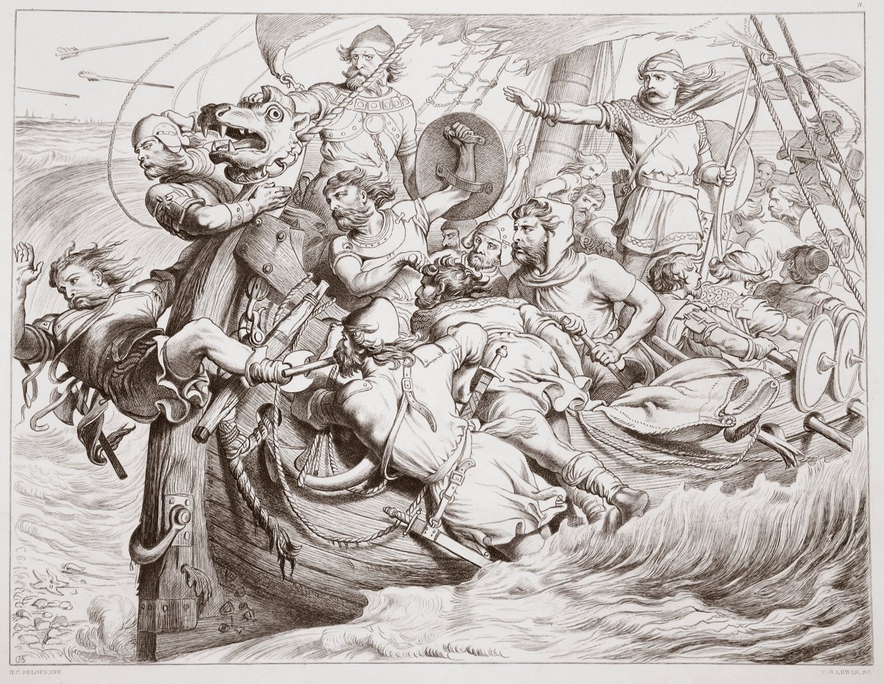 Comment Hereward fait échouer son navire sur le rivage des Flandres, illustration de Hereward the Great de Charles Kingsley, pub. 1870, gravé par C.G. Lewis - Henry Courtney Selous