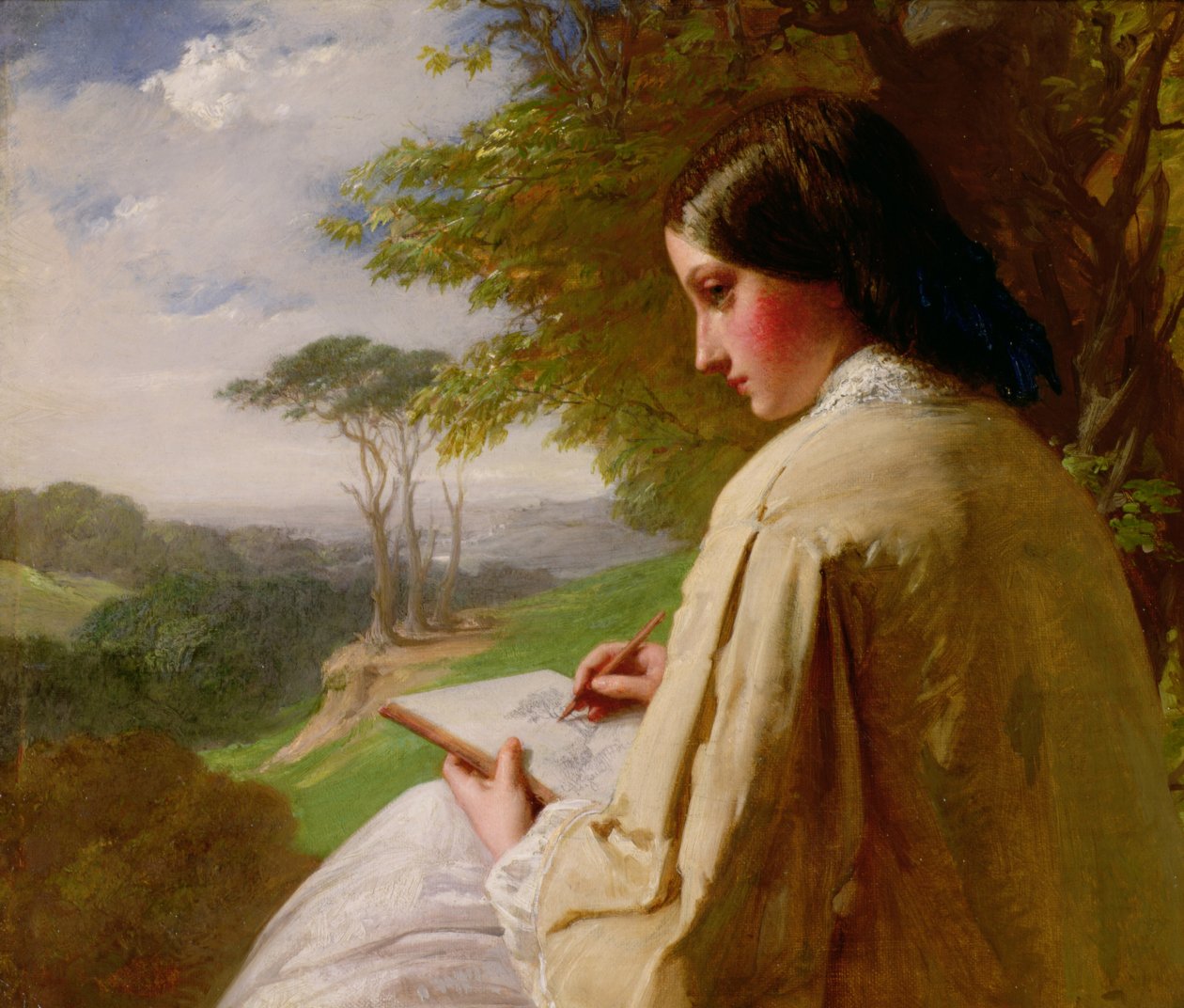 Jeune Dame dessinant dans un paysage - Henry Le Jeune