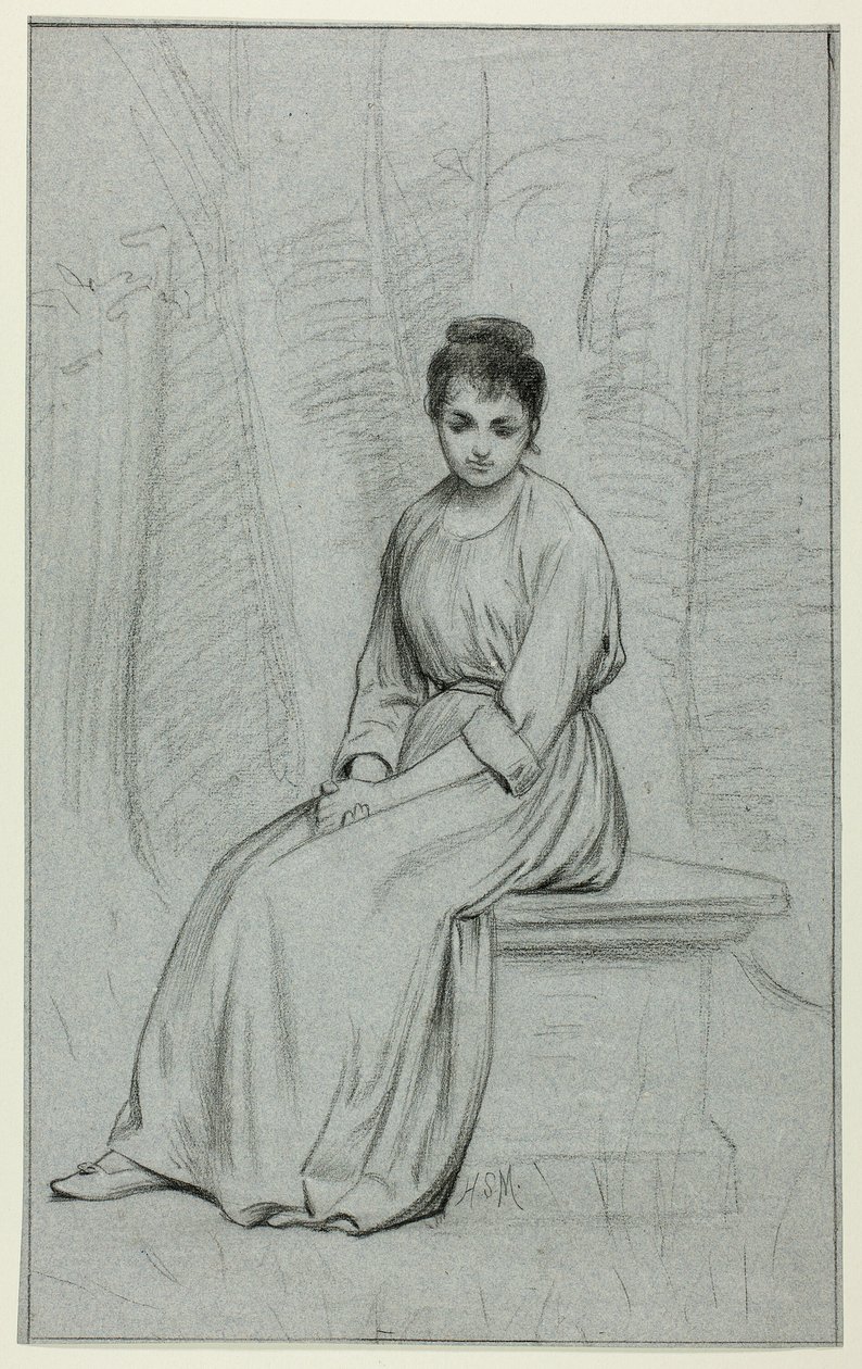 Femme se reposant sur un banc en pierre - Henry Stacy Marks