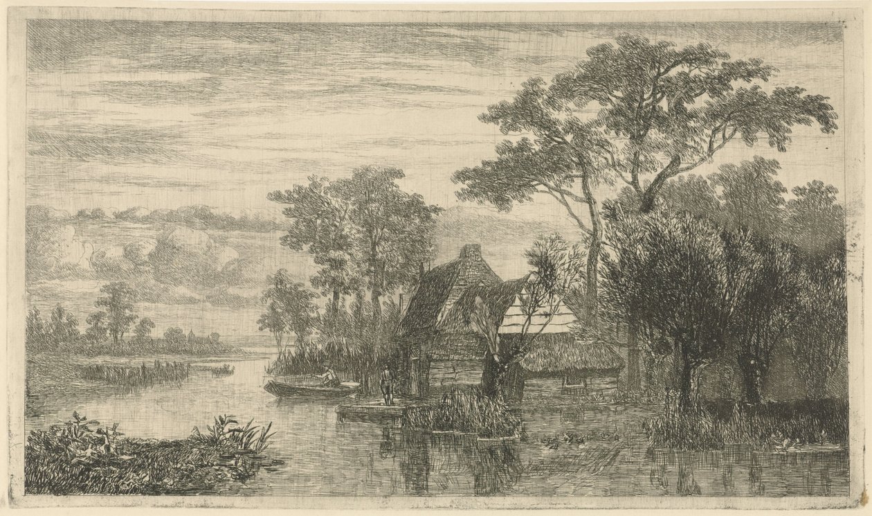 Vue de rivière avec pêcheurs - Hermanus Jan Hendrik van Rijkelijkhuysen