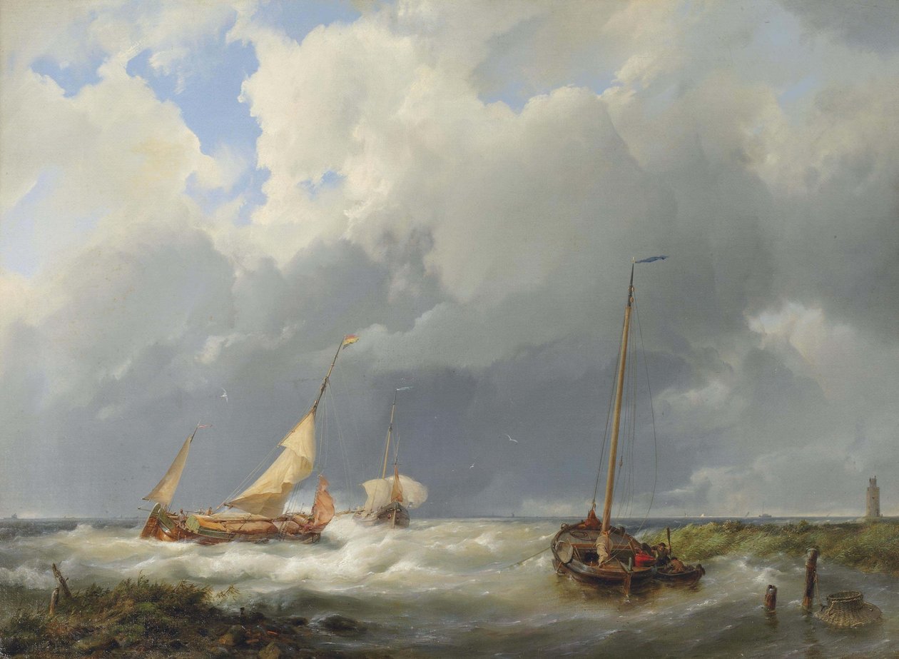 Scène côtière avec des bateaux de pêche - Hermanus Koekkoek