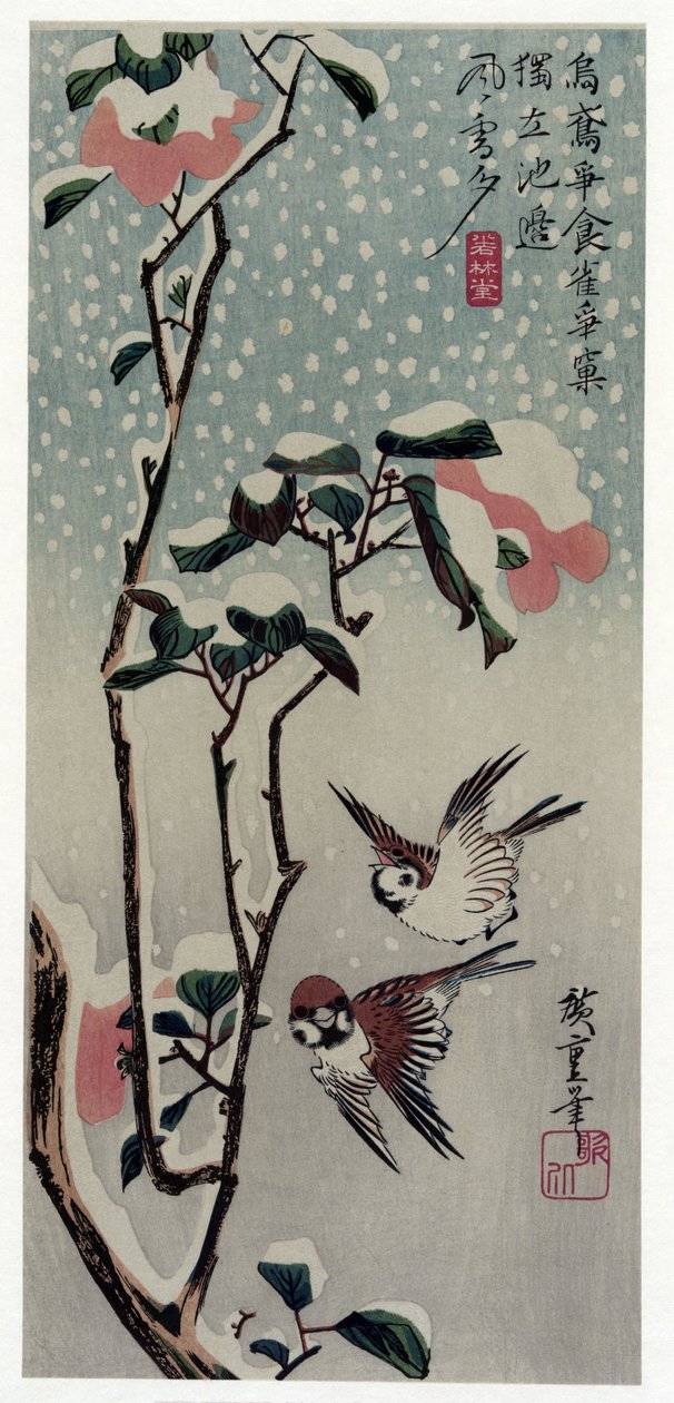 Secchu Tsubaki ni Suzume (Moineaux et camélias dans la neige) - Utagawa Hiroshige