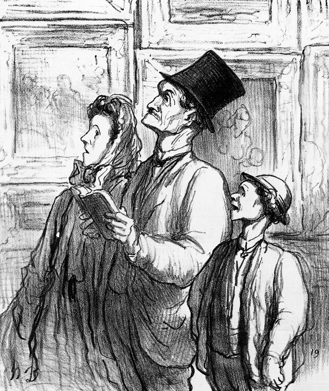 Famille visitant le salon de Paris de 1863 et commentant la peinture 