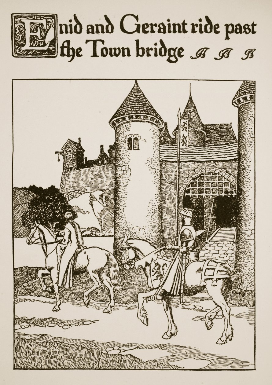 Enid et Geraint passent devant le pont de la ville, illustration de 
