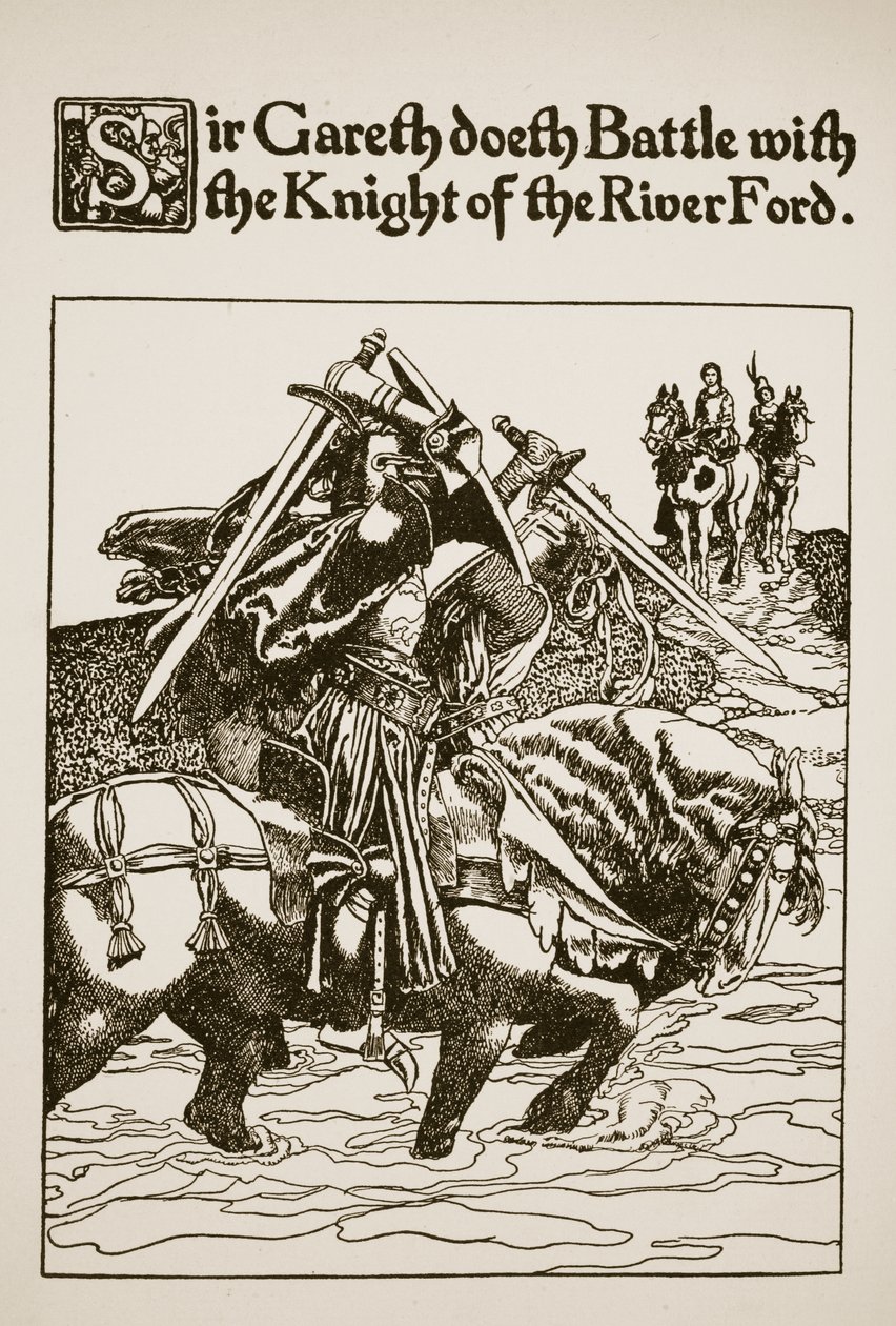 Sir Gareth combat le chevalier du gué, illustration de 