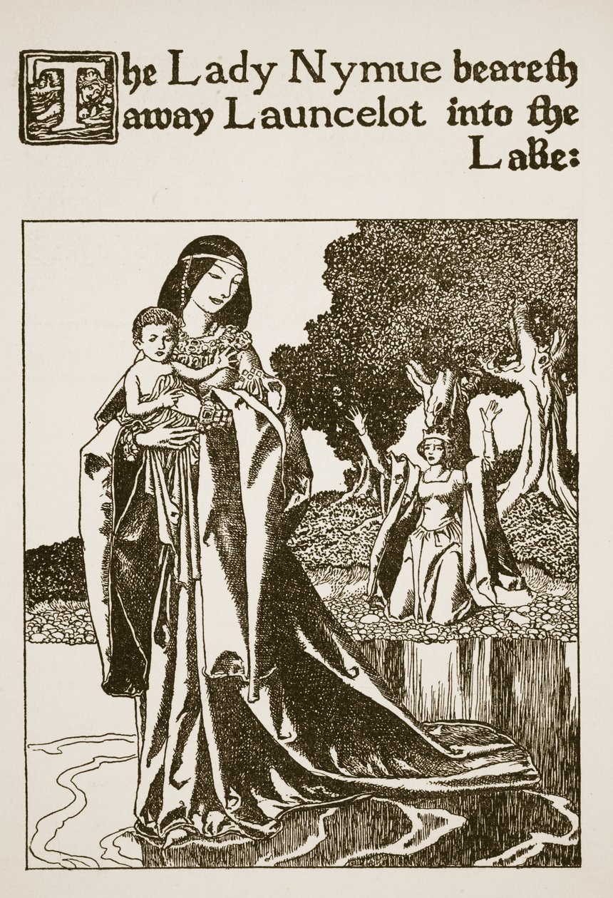 La Dame Nymue emporte Launcelot dans le lac, illustration de 