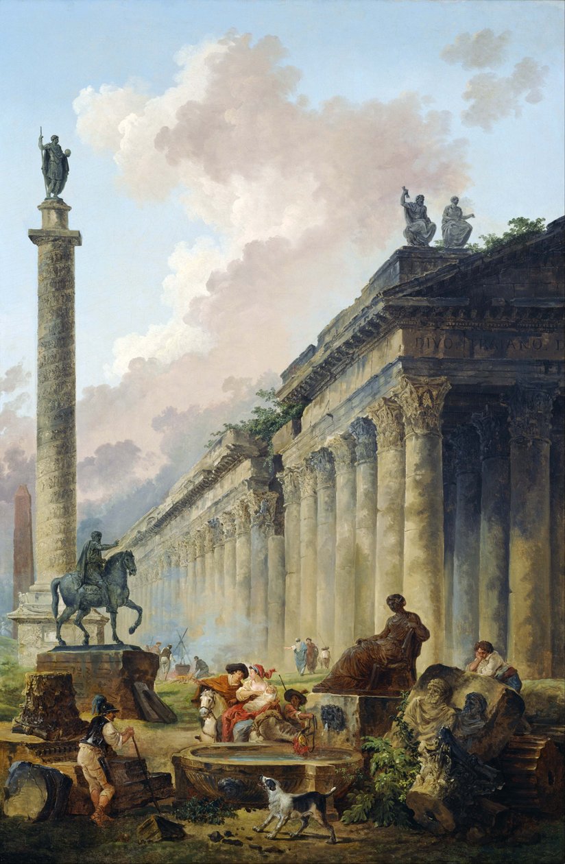 Paysage romain imaginaire avec statue équestre de Marc Aurèle, colonne commémorative de Trajan et temple. - Hubert Robert