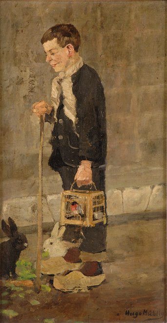 Garçon avec deux lapins et une cage à oiseaux - Hugo Muhlig