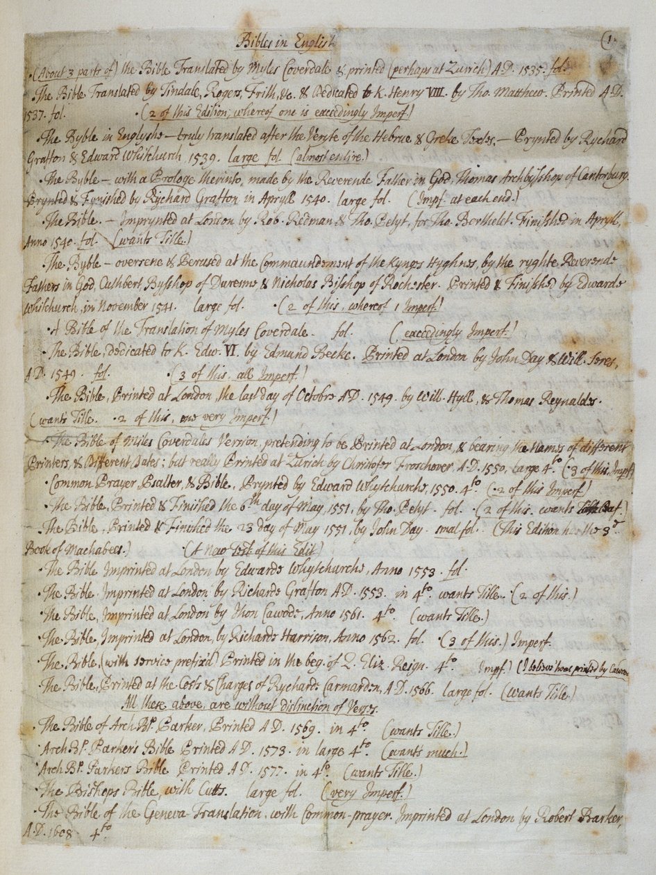 Ms.CF57 Catalogue de bibles à la cathédrale Saint-Paul, 1707 - Humphrey Wanley