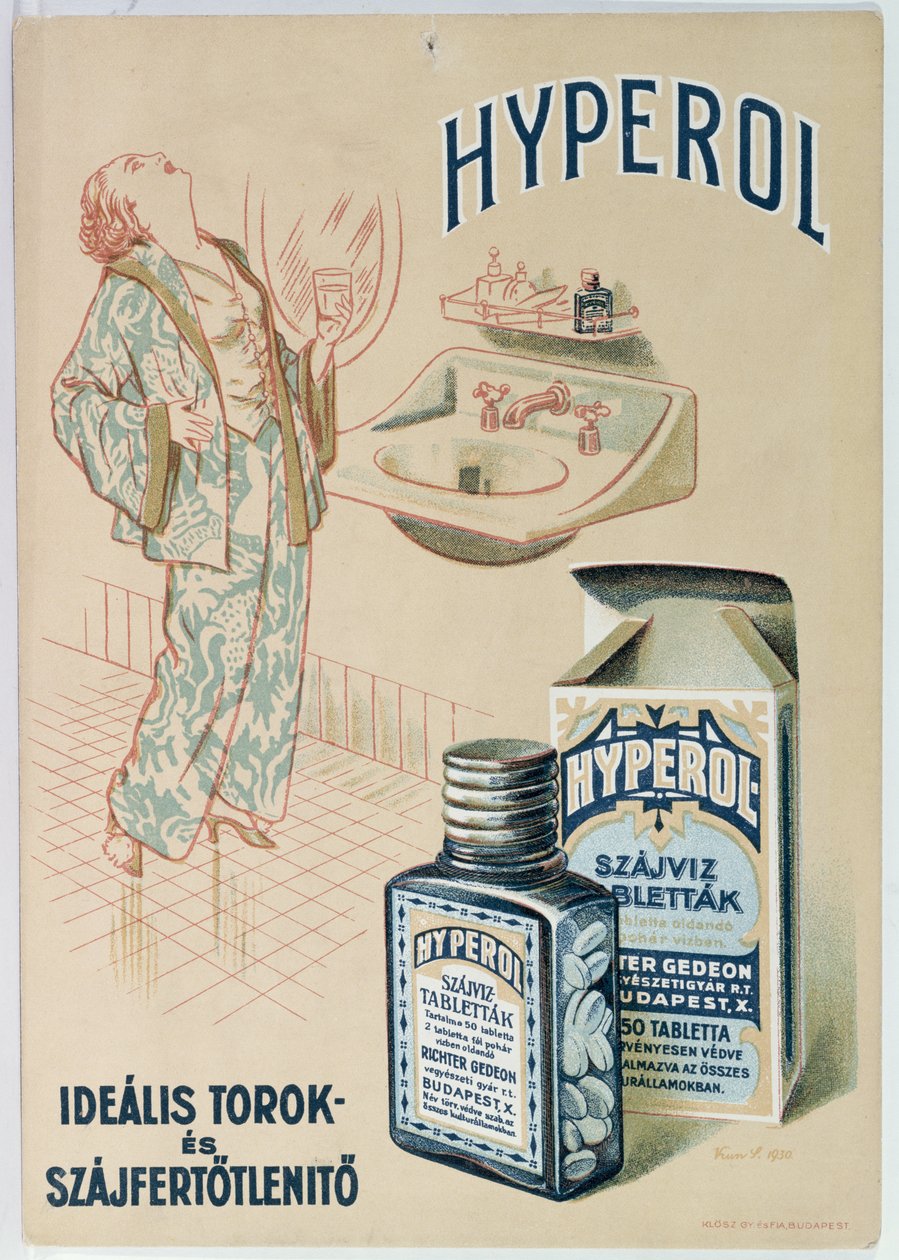 Publicité pour les comprimés de bain de bouche Hyperol, 1930 - Hungarian School