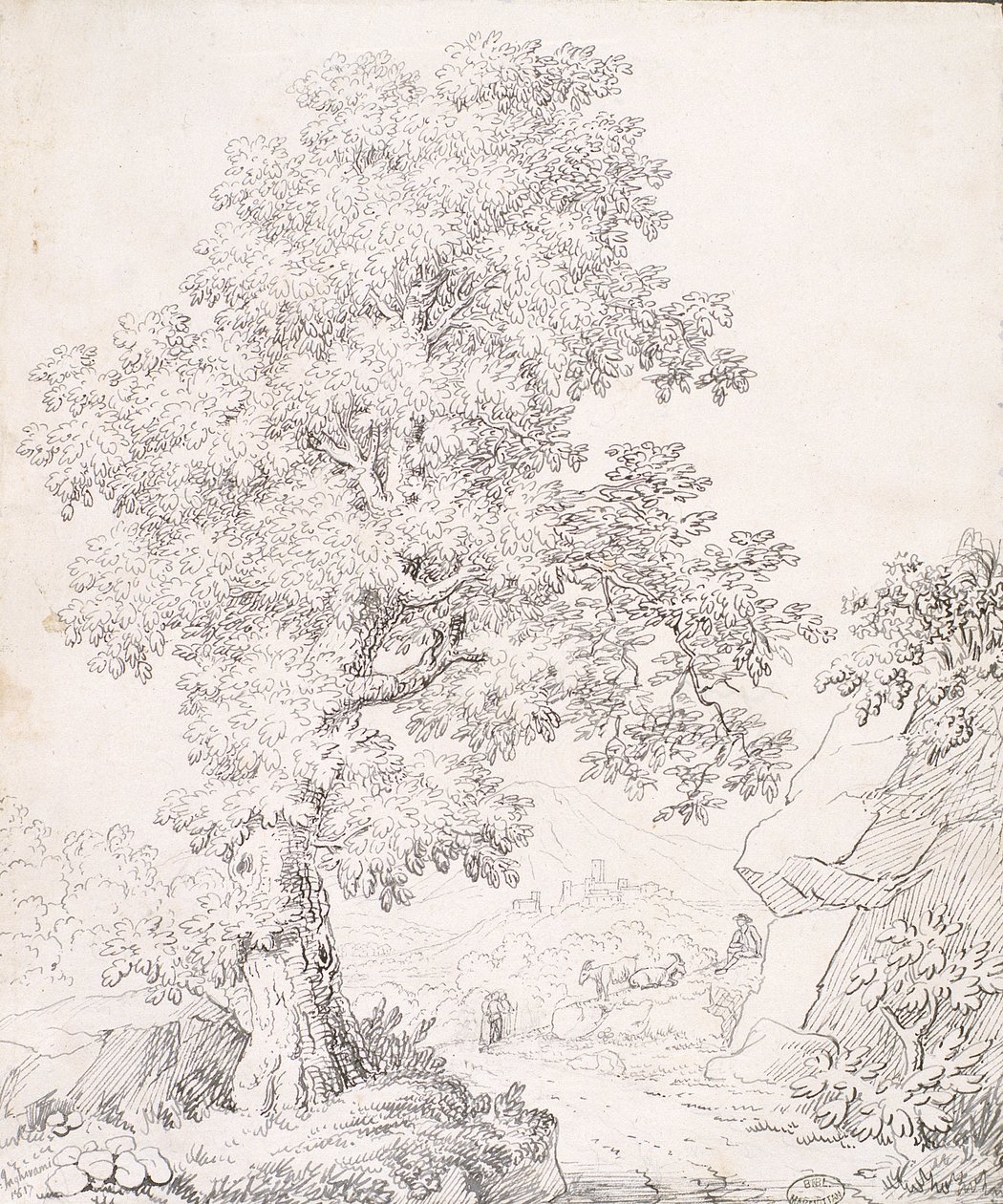 Paysage, un berger et ses chèvres marchant près d