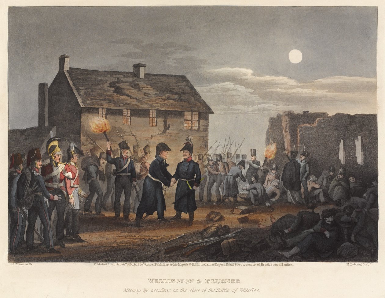 Wellington et Blucher se rencontrant par accident à la fin de la bataille de Waterloo, gravé par M. Dubourg, 1819 - I. M. Clark