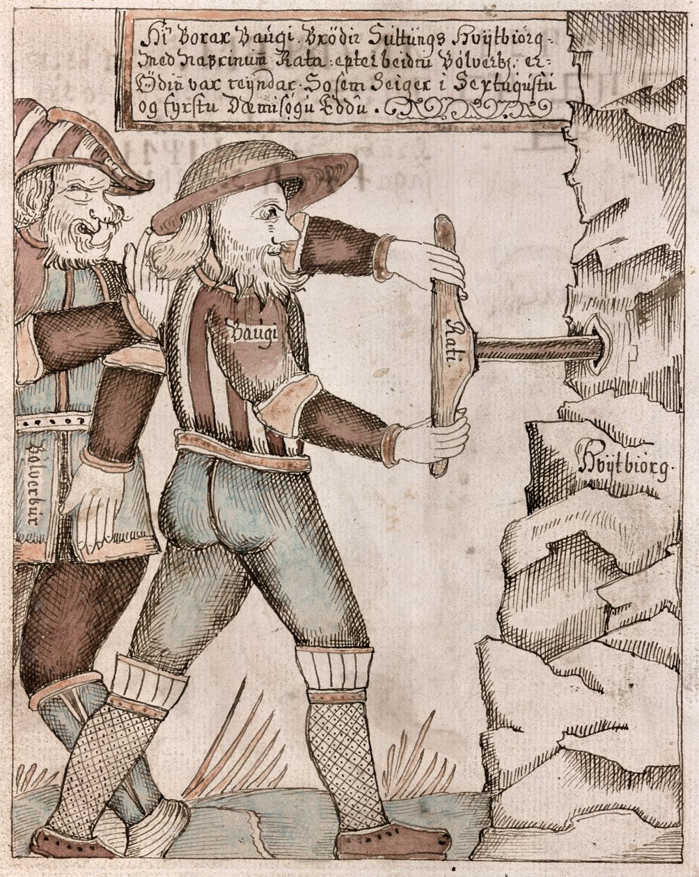 Le géant Baugi, persuadé par Odin, perce la chambre souterraine de son frère Suttung où est caché l