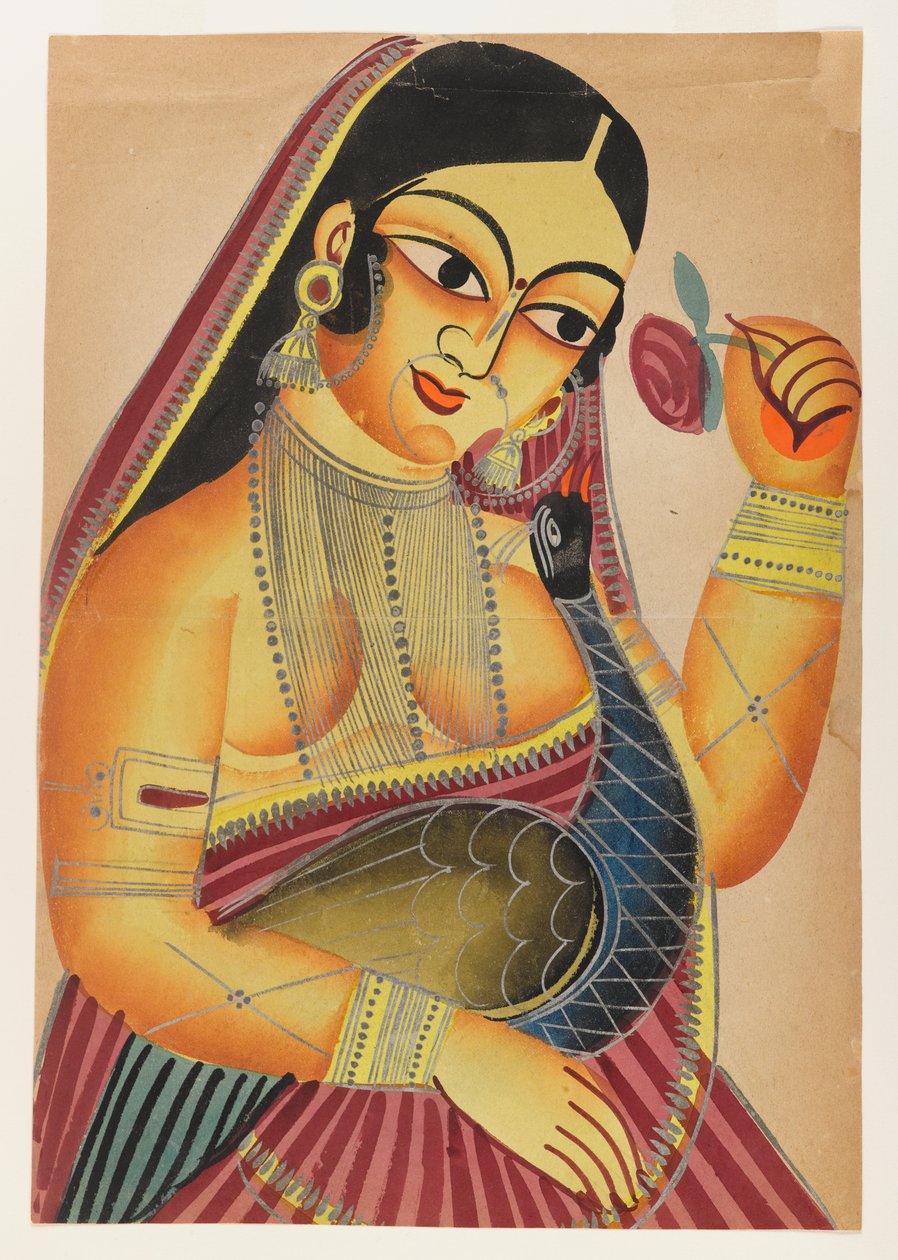 Déesse Lakshmi avec une rose et un paon, fin 19e-début 20e siècle - Indian School