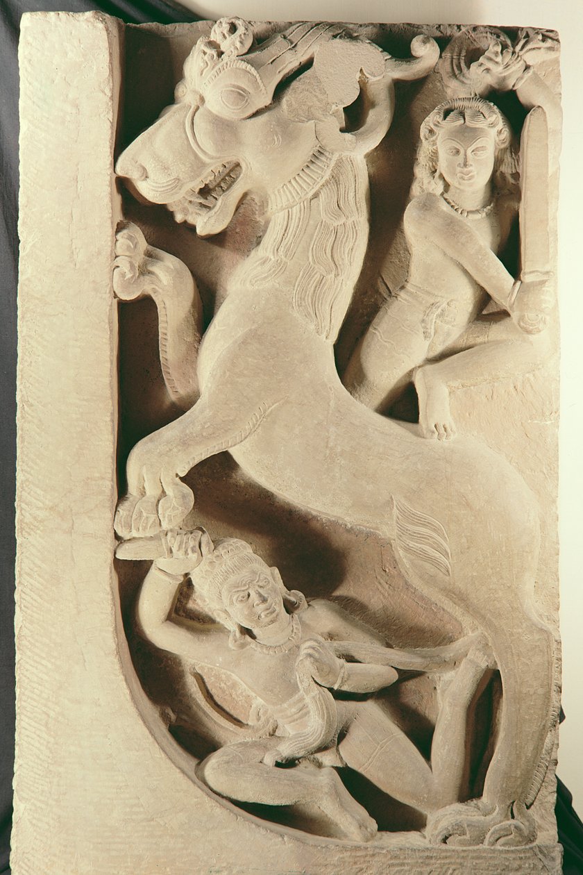 Guerriers combattant un lion-griffon - Indian School