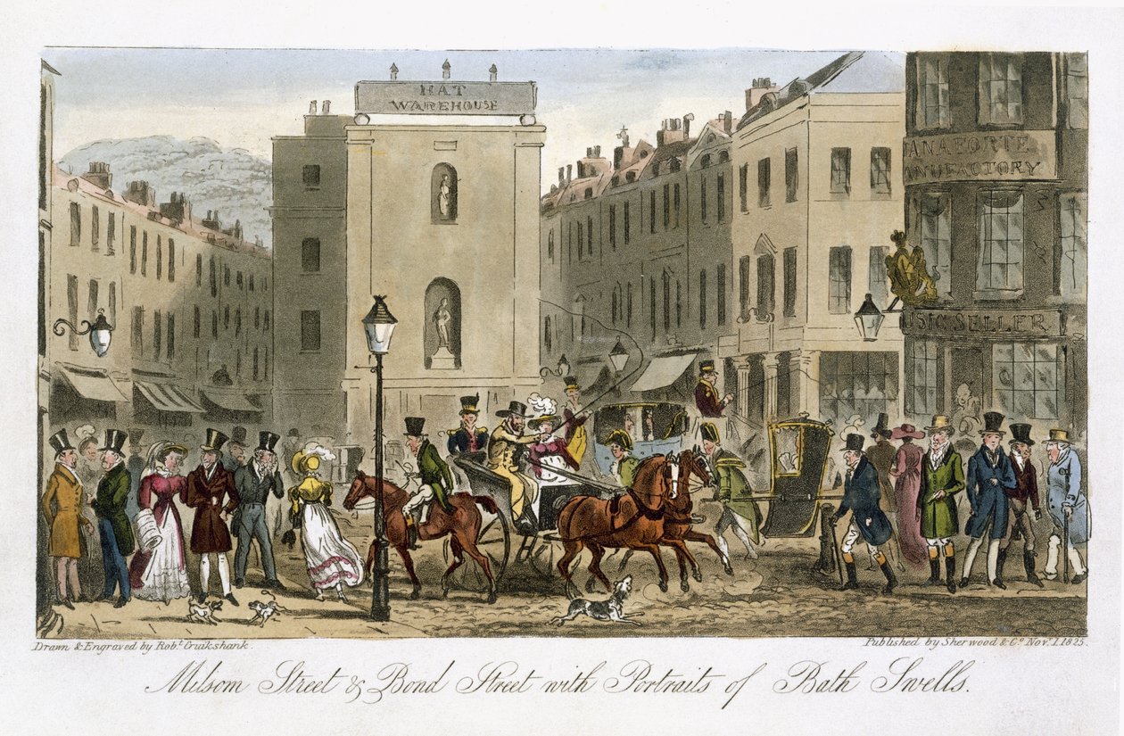 Milsom Street et Bond Street avec portraits de Bath Swells, de 