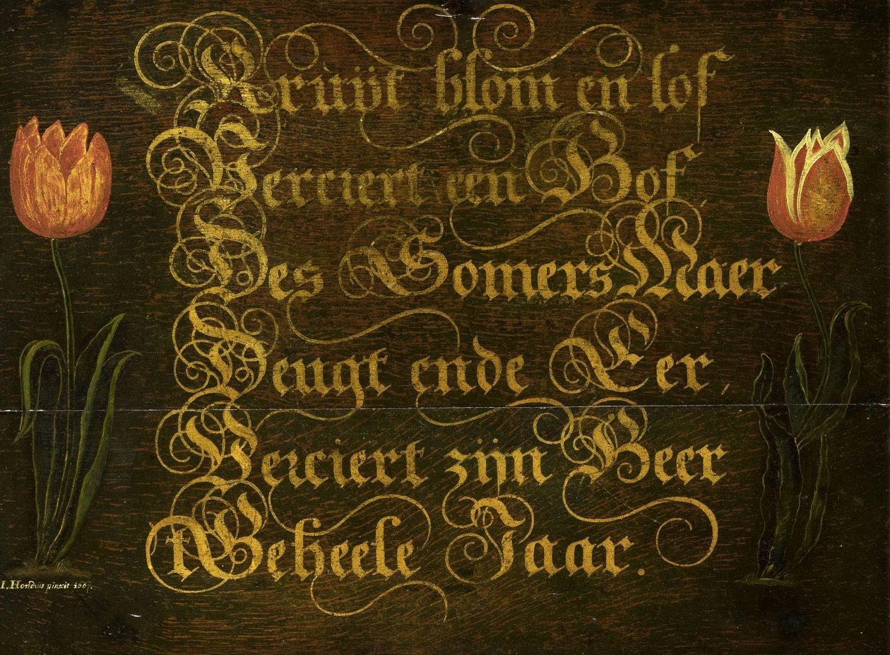 Maxime calligraphique, encadrée de tulipes - Isaac Hondius